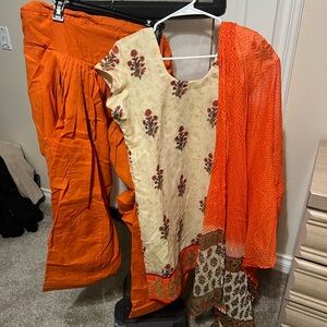 Floral Embroidered Kurta Set with Orange Dupatta